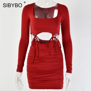 Hollow Out Drawstring Mini Sexy Women Dress Long Sleeve Pleated Orange Red Yellow White